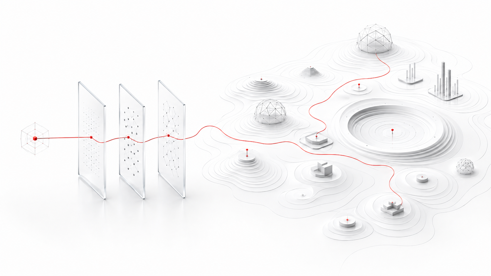 A red concept path passes through layered knowledge structures and connects multiple regions across an undulating knowledge landscape