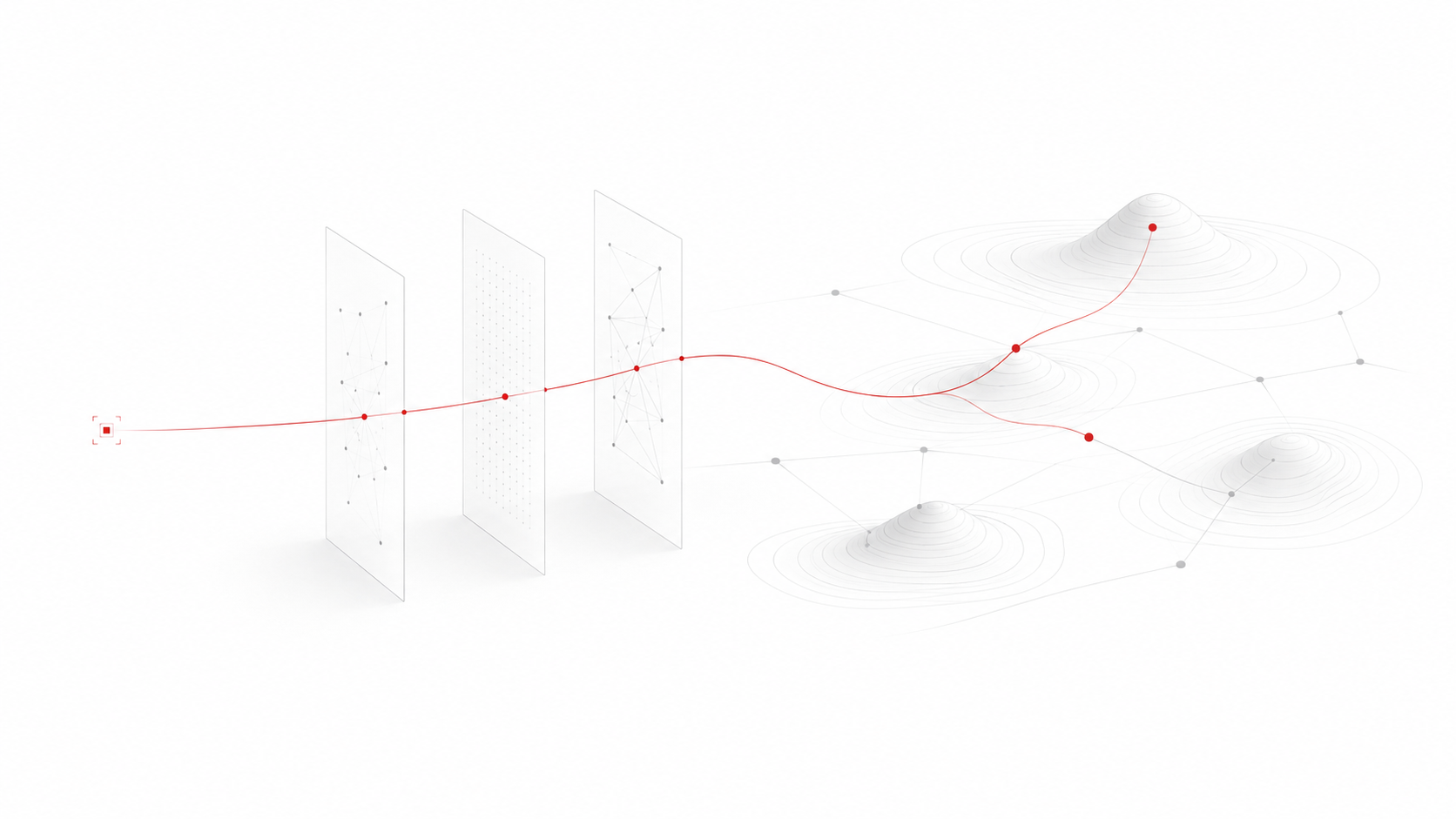A red concept coordinate passes through layered knowledge structures and connects several relevant regions in a wider network