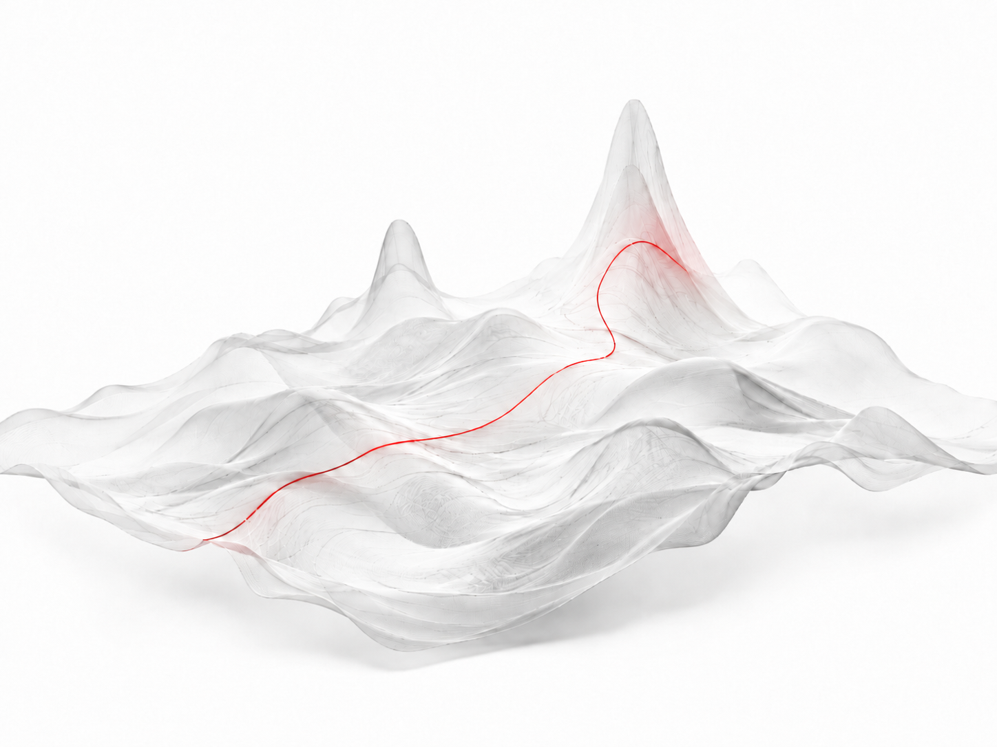 A translucent probability landscape contains peaks of different heights, with a red path moving from a default region toward a more relevant peak