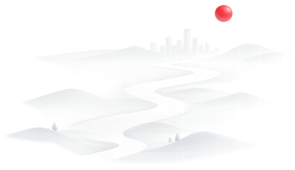 A white intelligence landscape with a path toward a future city