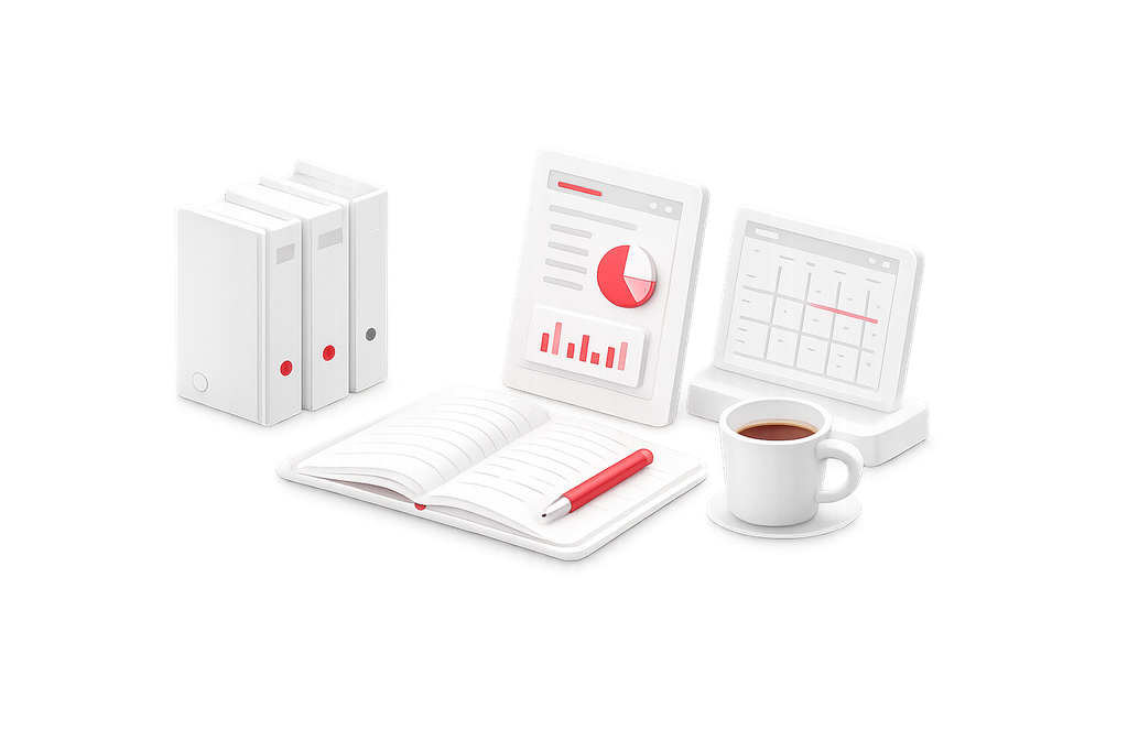 A research and office workspace with sources, analysis, schedules, documents, and reports