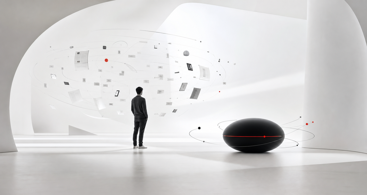 A person and a black intelligence core inside a personal field of memory, files, and devices