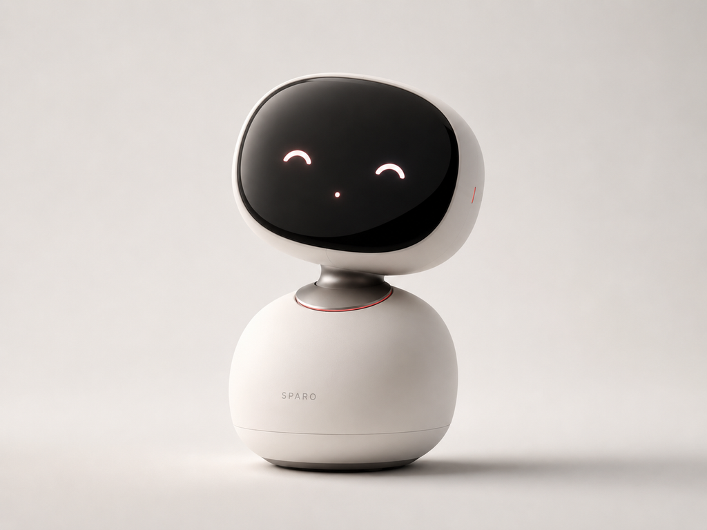 Sparo Robot concept with a white body, black face, and restrained red details