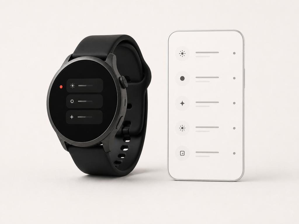 Dark round smartwatch and a white companion interface for Sparo Watch